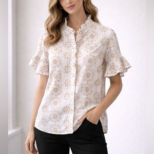 Abbey Glass Sadie Top White Medallion Eyelet & Floral Ruffle Blouse - Cream